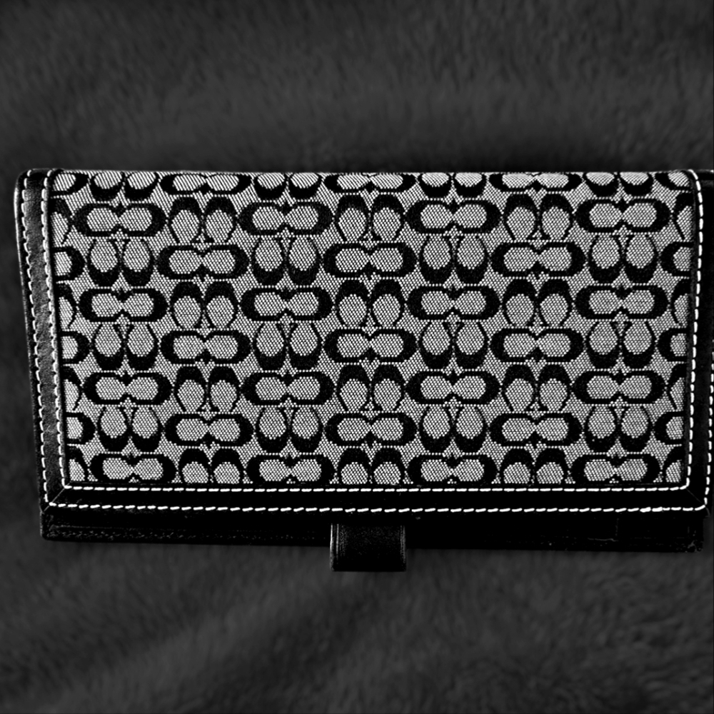 SOLD Coach Black and Gray Signature Wallet With Leather Trim And Iconic C Scheme